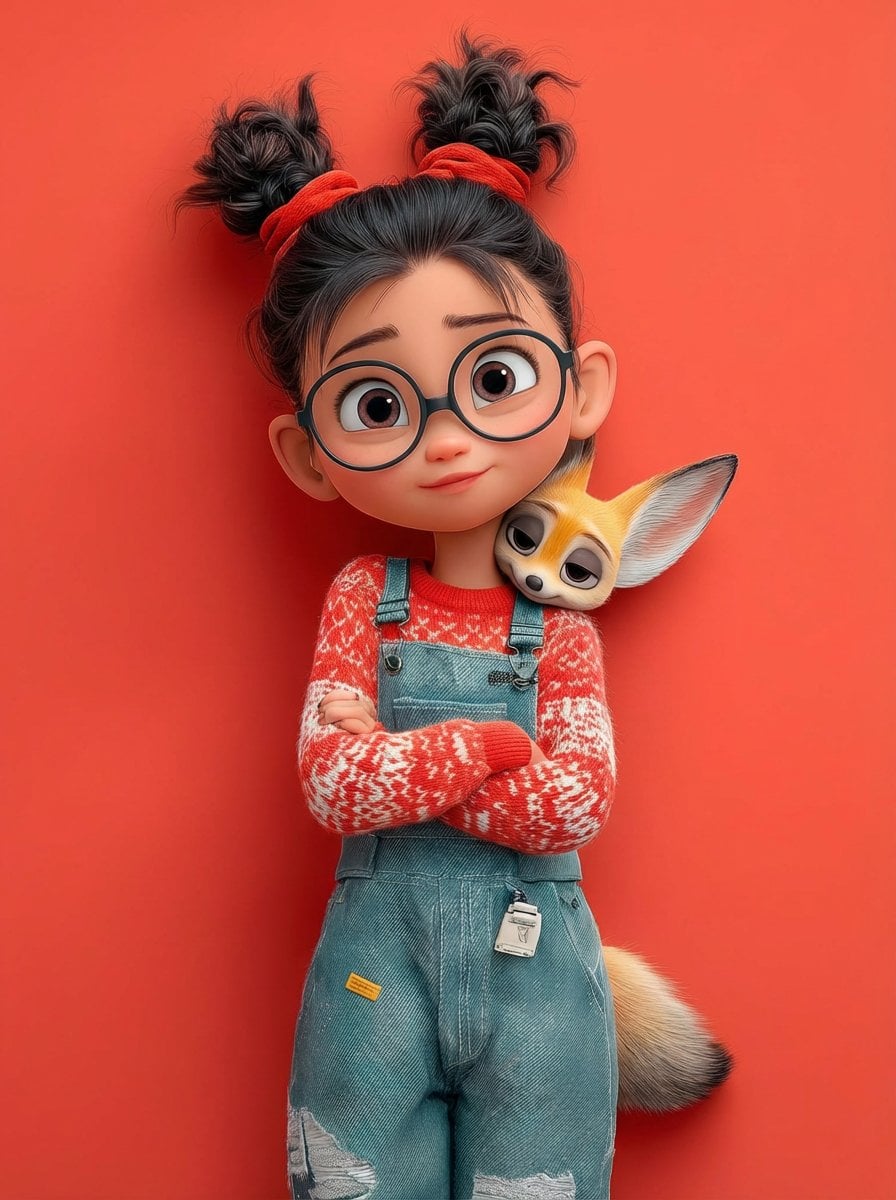 A cute 3D Pixar-style character portrait of a little girl with big expressive ey…
