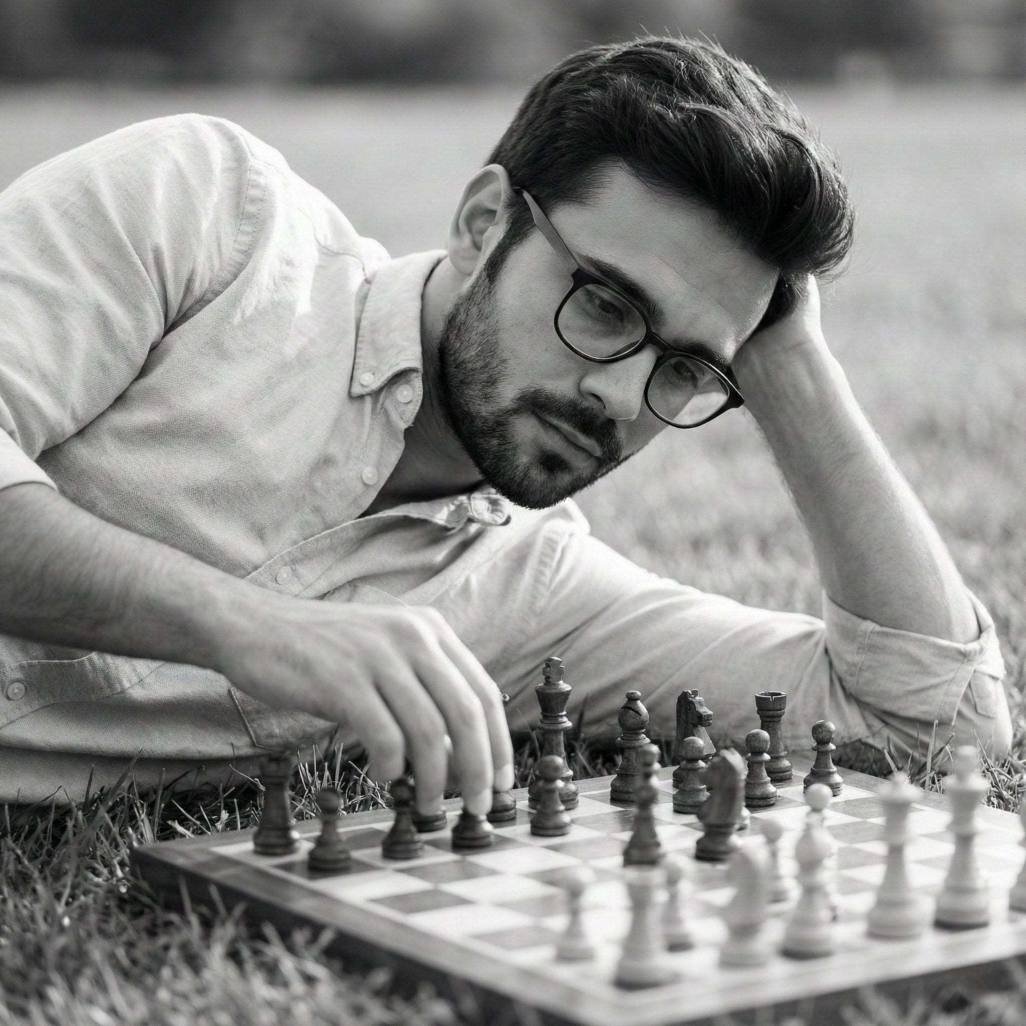 { "scene_overview": { "description": "A monochrome, contemplative portrait of a …
