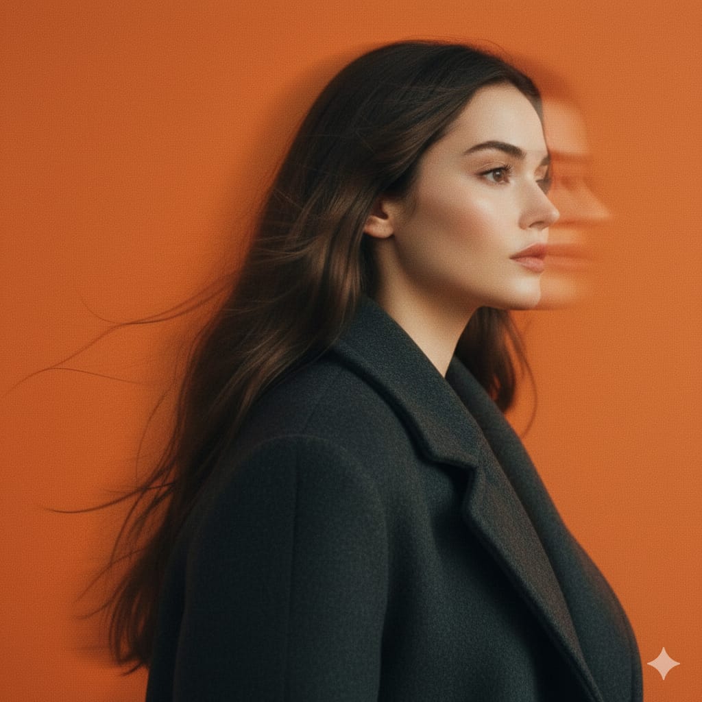 A panning studio portrait of a mysterious female figure captured in side profile…