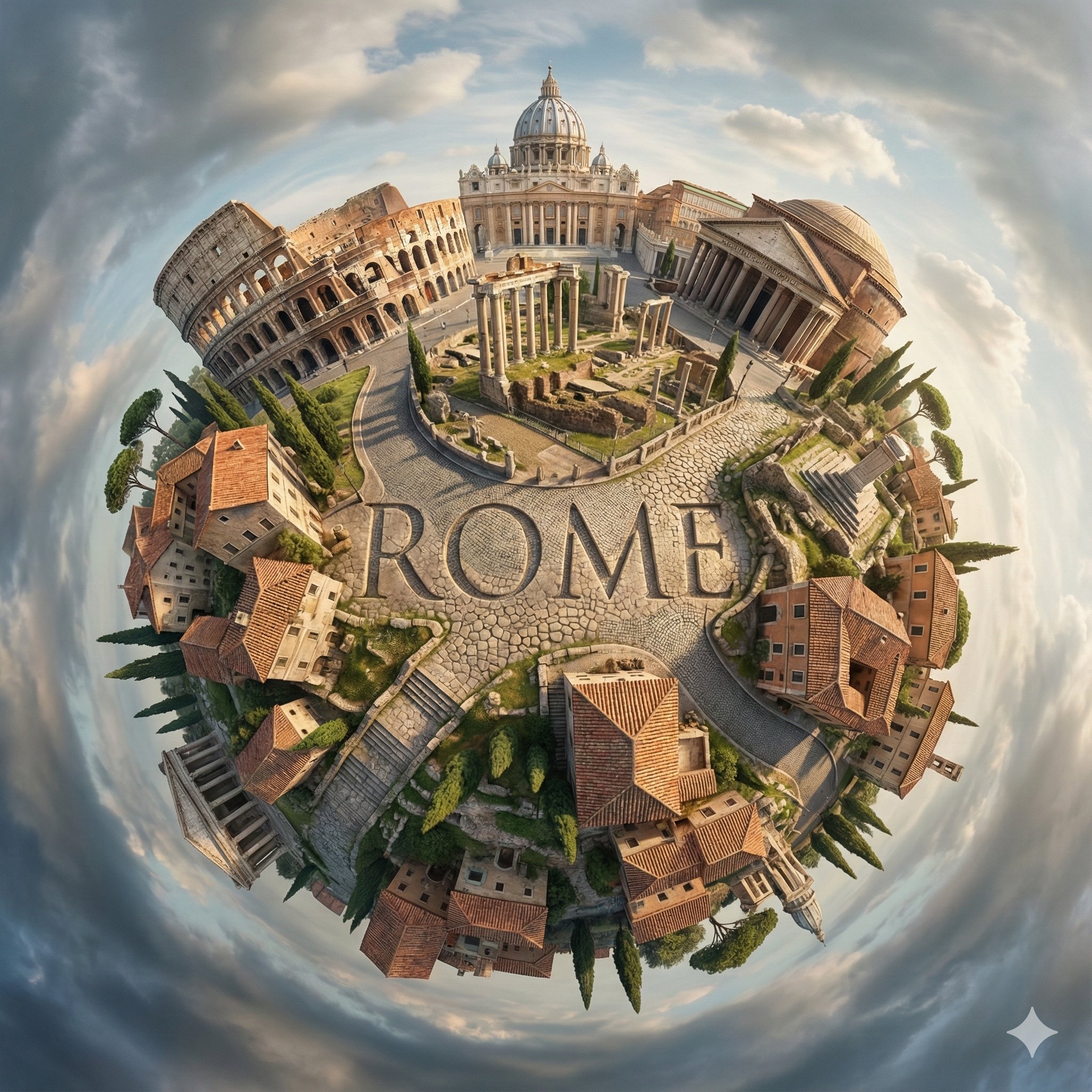 Create a hyperrealistic, surreal spherical panorama of [CITY NAME], with its mos…