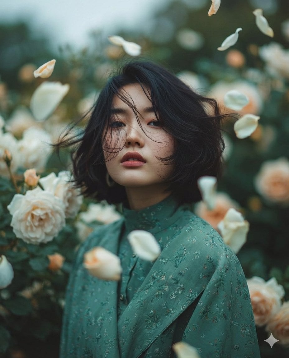 { "Objective": "Create a dreamy fine-art portrait with a romantic, ethereal gard…