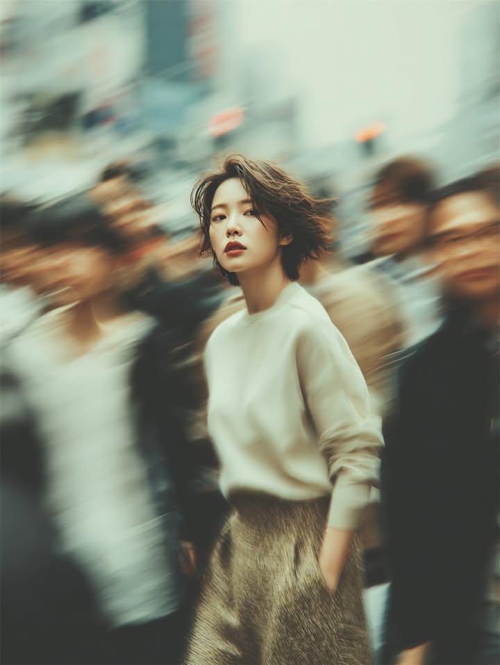 A cinematic street portrait of a young woman standing still in a busy urban crow…