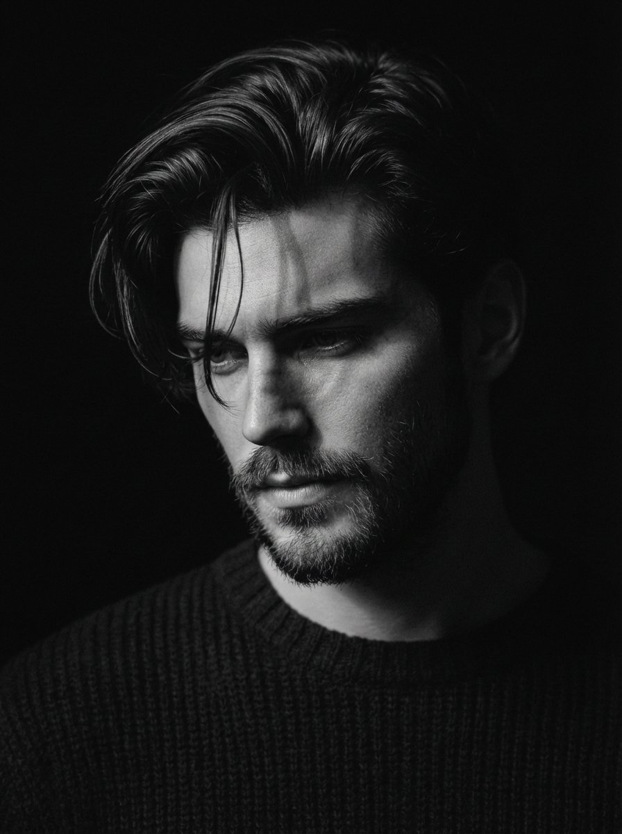 Close-up black and white portrait of a man use image face reference with messy h…
