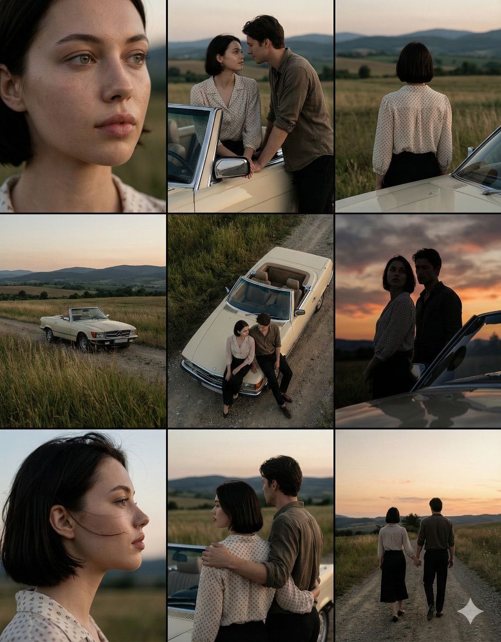 A cinematic 3×3 grid of film-still frames featuring the same couple during a qui…