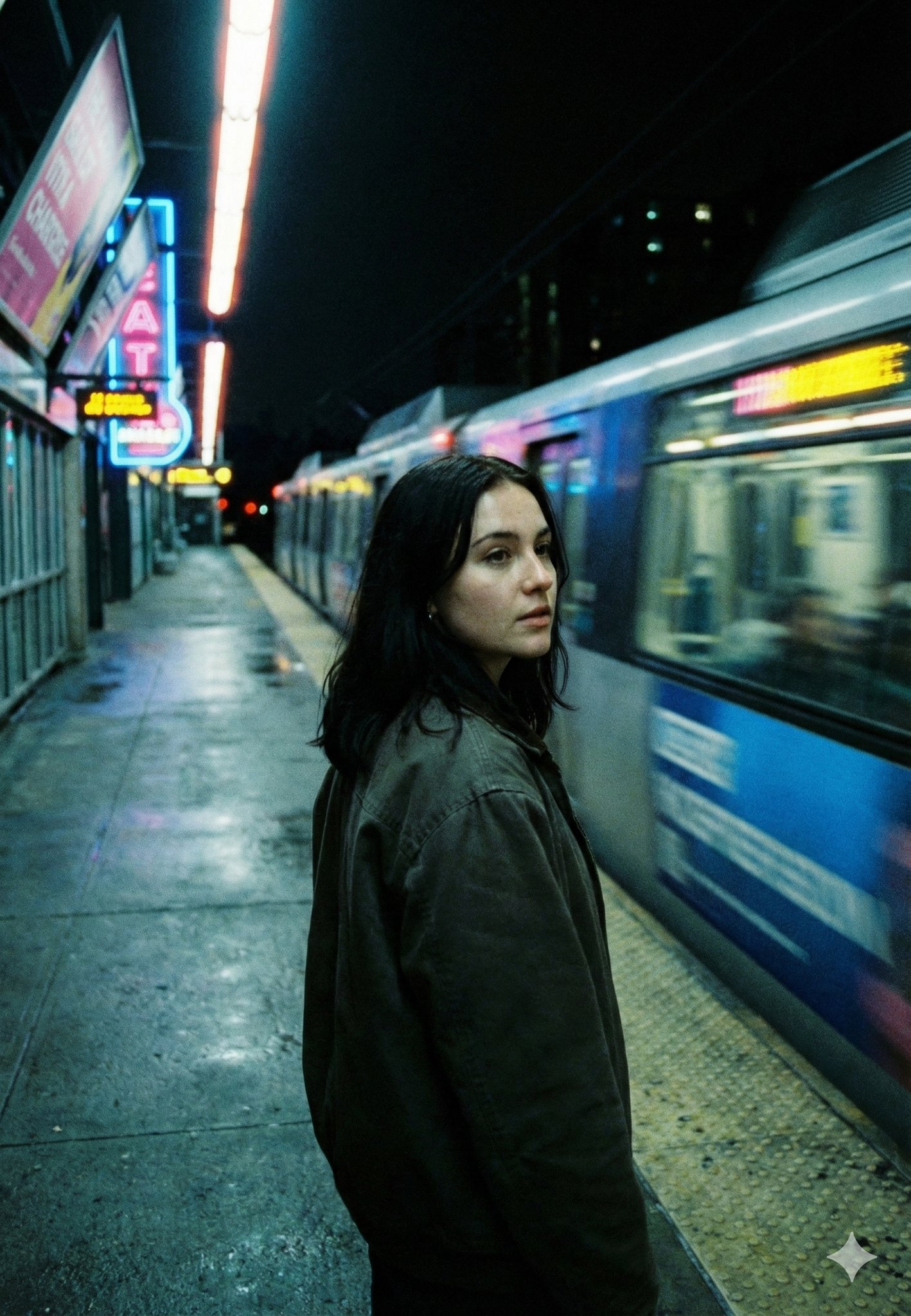 { "model": "Nano Banana Pro", "scene": "Underground metro platform at night with…