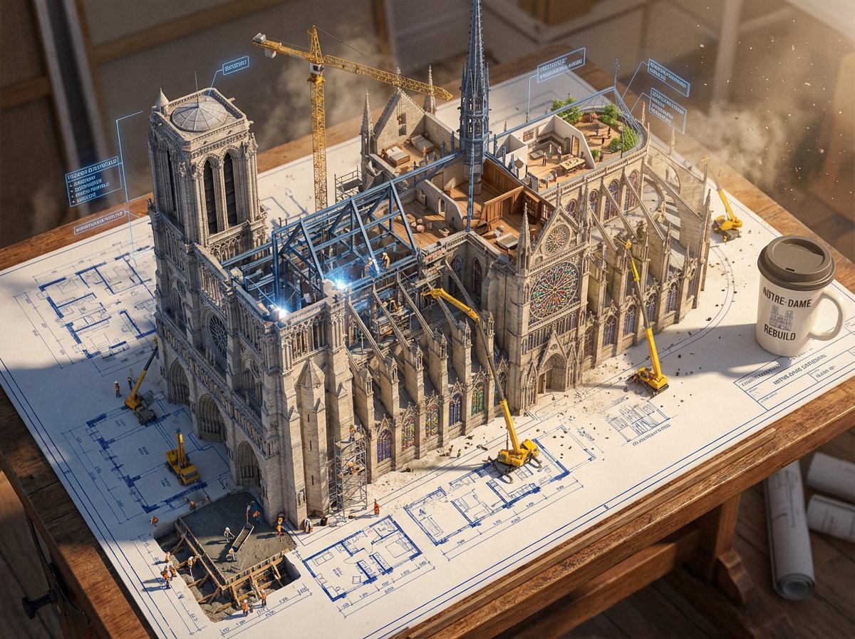 Epic 3D scene: a massive architectural blueprint of [BUILDING/STRUCTURE] pinned …