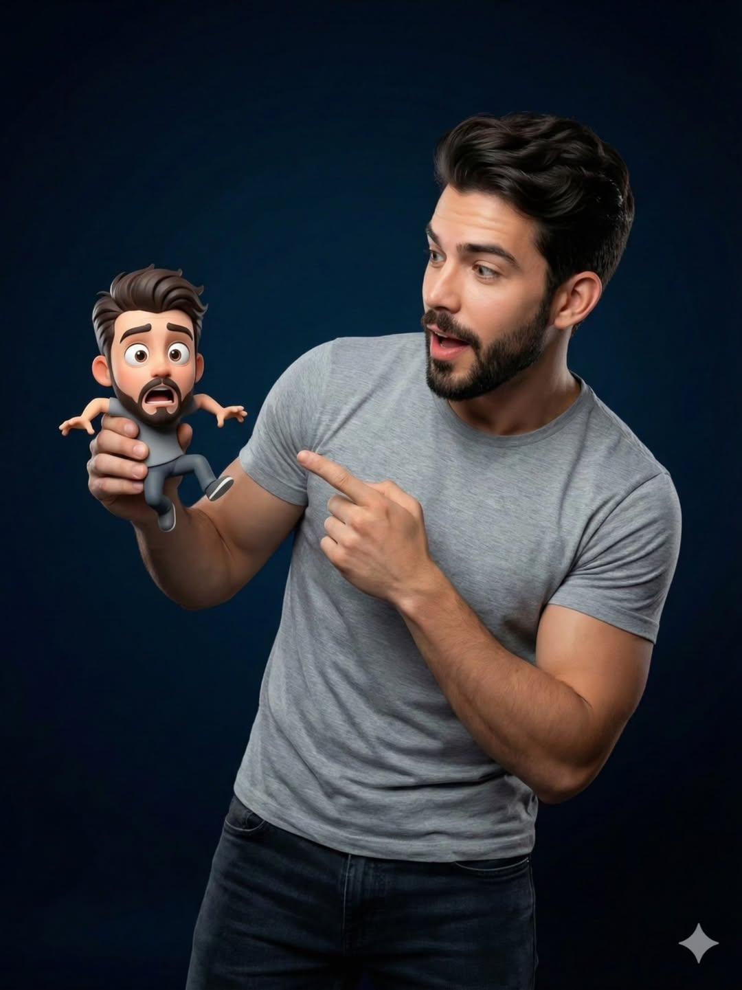 { "Objective": "Create a studio portrait blending a real human with a tiny Pixar…