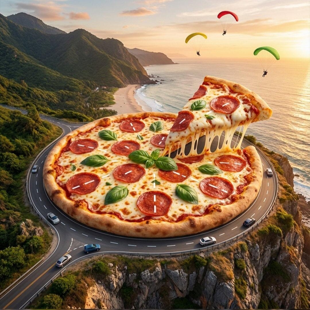 { "Objective": "Create a surreal, hyper-detailed fantasy world where pizza becom…
