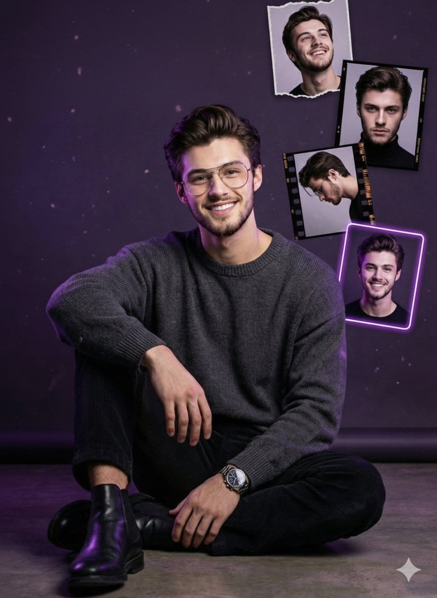 { "Objective": "Create a stylish, cinematic birthday-themed studio portrait with…