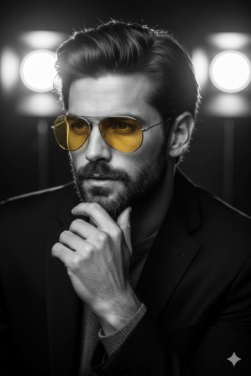 { "Objective": "Create a dramatic black-and-white cinematic portrait with a clas…