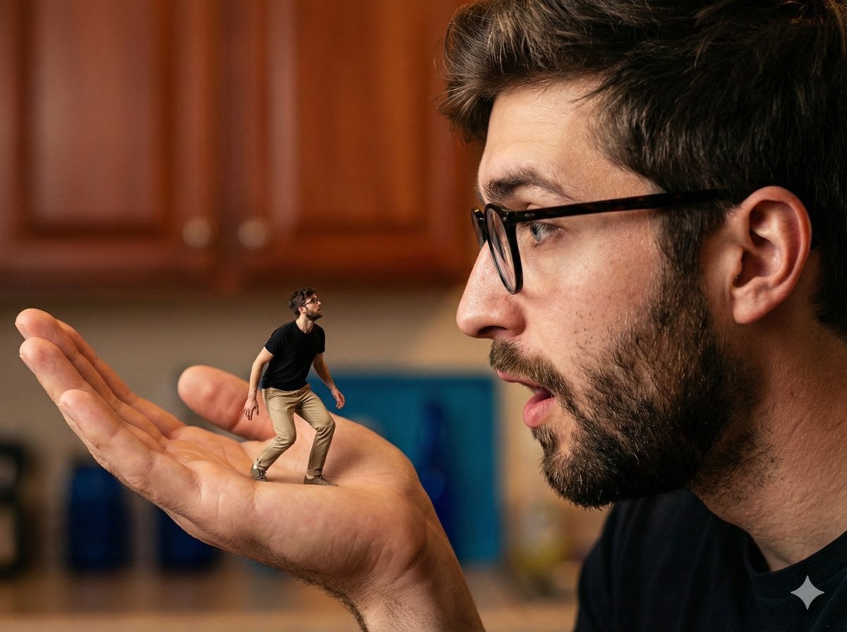 A hyper-realistic, surreal composite shot utilizing forced perspective to create…
