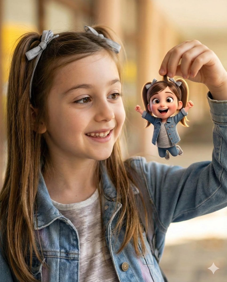 { "Objective": "Create a heartwarming, whimsical portrait blending photorealisti…