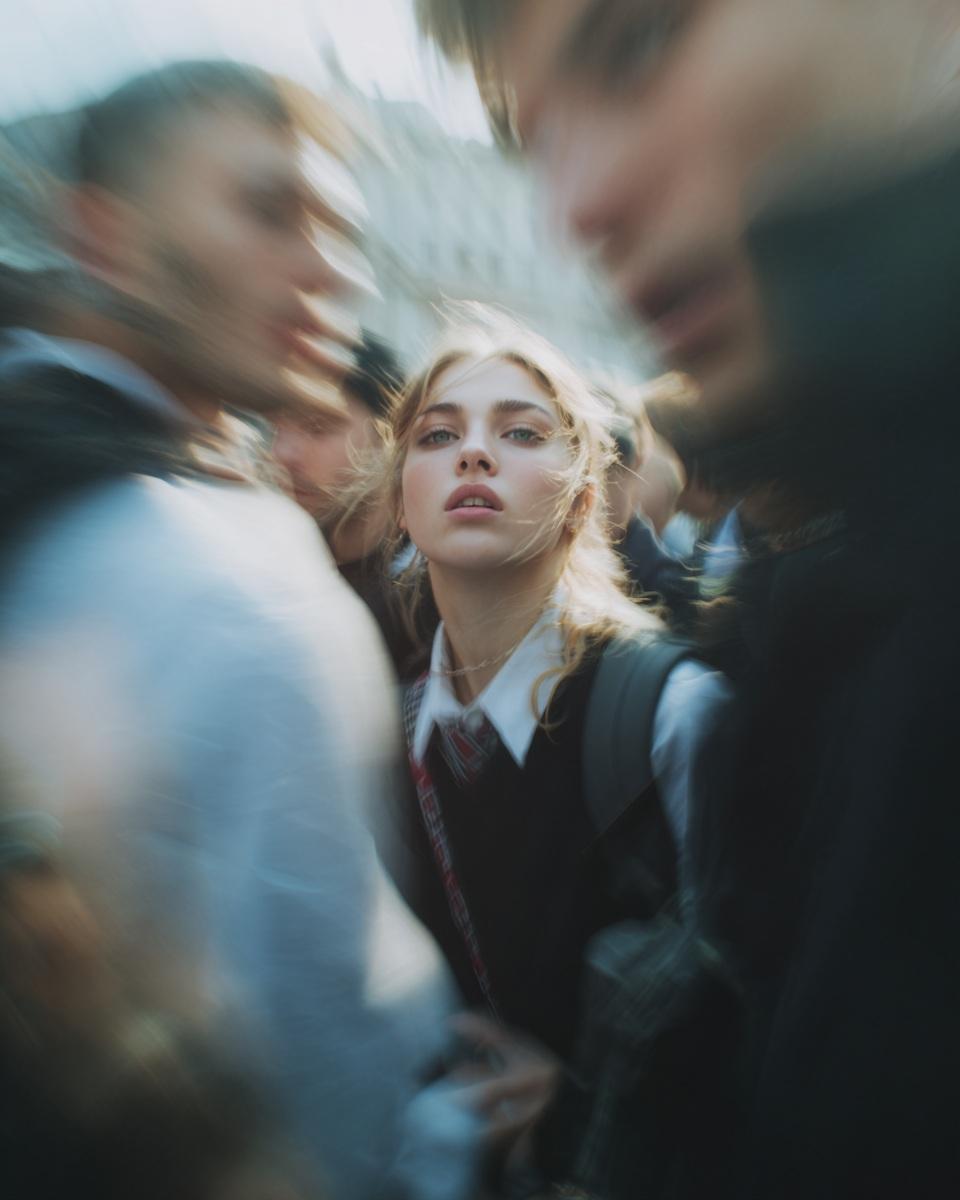 Paparazzi-style extreme close-up photo of a woman with striking facial features,…