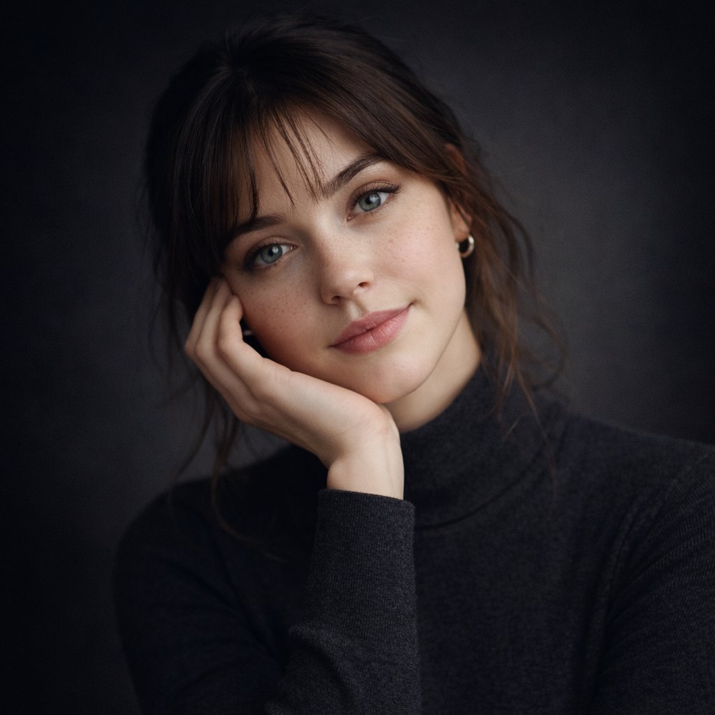 Ultra-realistic studio portrait of a young woman, front-facing, centered composi…