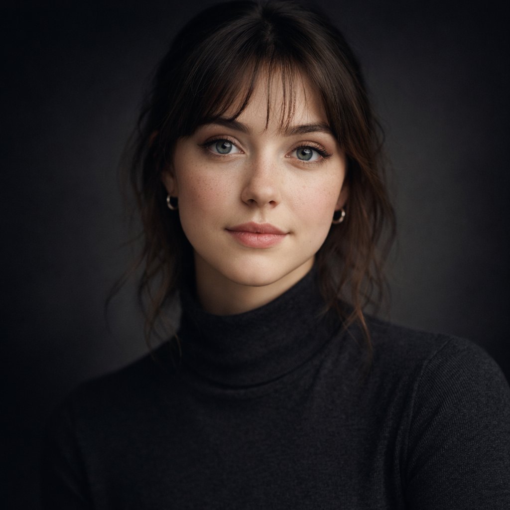 Ultra-realistic studio portrait of a young woman, front-facing, centered composi… (2)