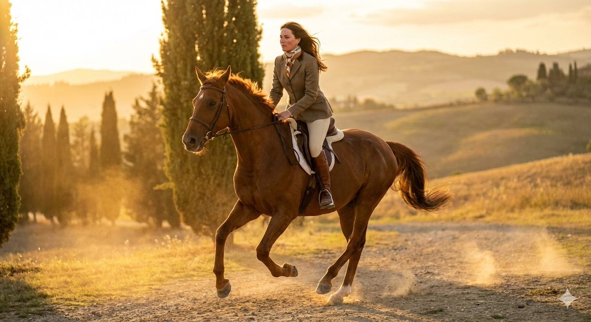 24-year-old female equestrian model riding a galloping chestnut horse, Hermès-in… (1)