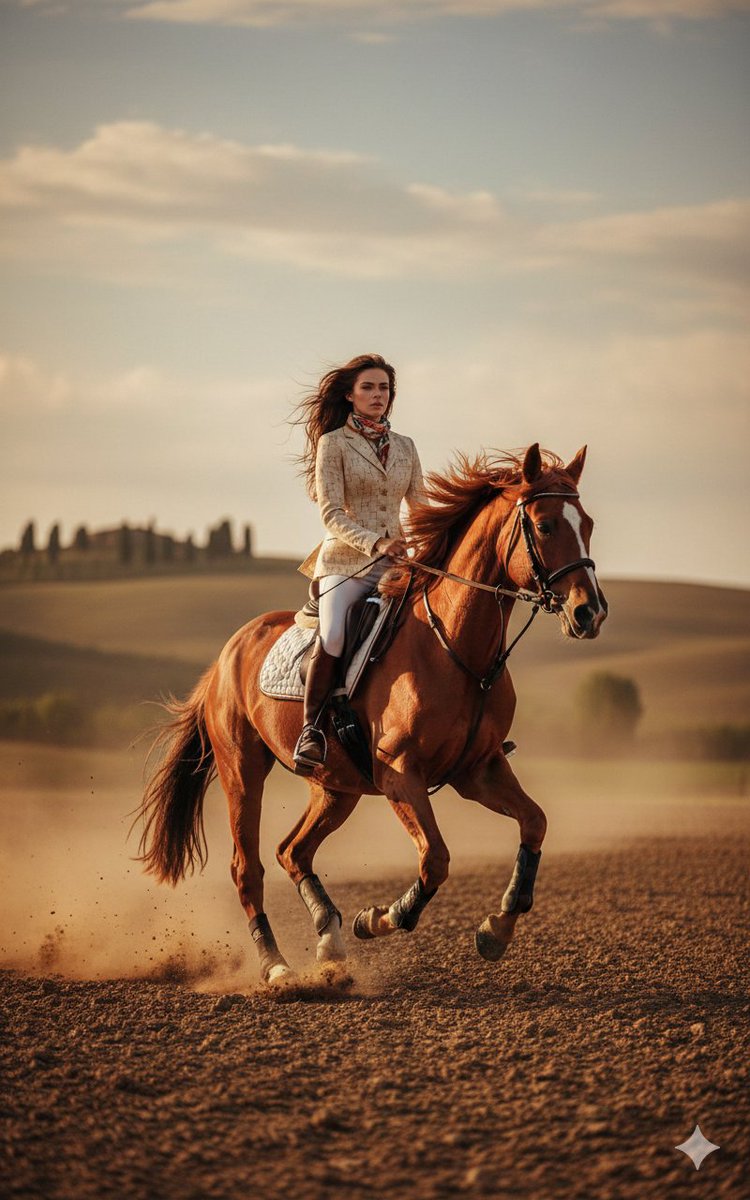 24-year-old female equestrian model riding a galloping chestnut horse, Hermès-in… (2)