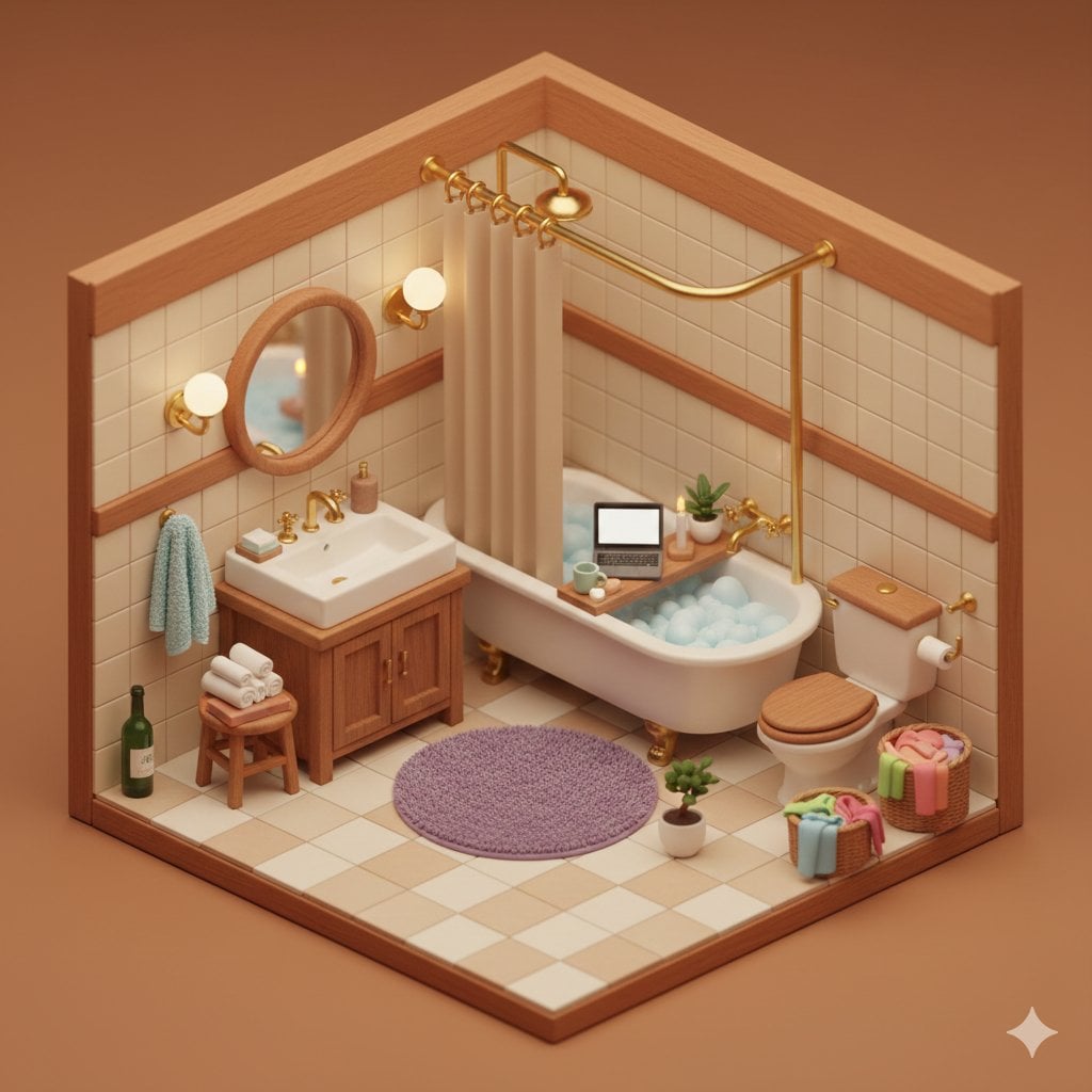 { "prompt": "cute cozy isometric 3D miniature bathroom diorama, warm cozy aesthe…