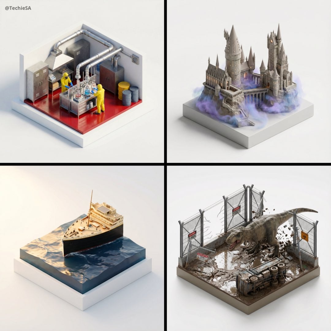 Stylized, ultra high-fidelity 3D isometric miniature diorama, 35–40° isometric v…
