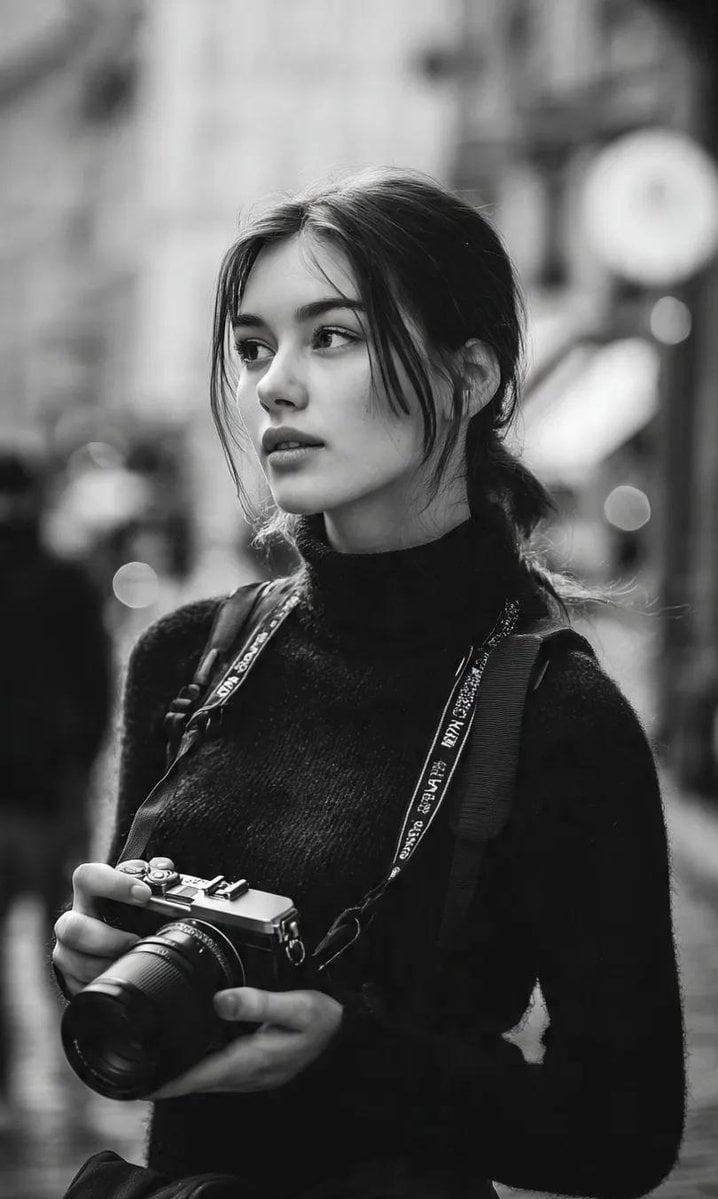 A cinematic black-and-white street portrait of a young woman photographer standi…