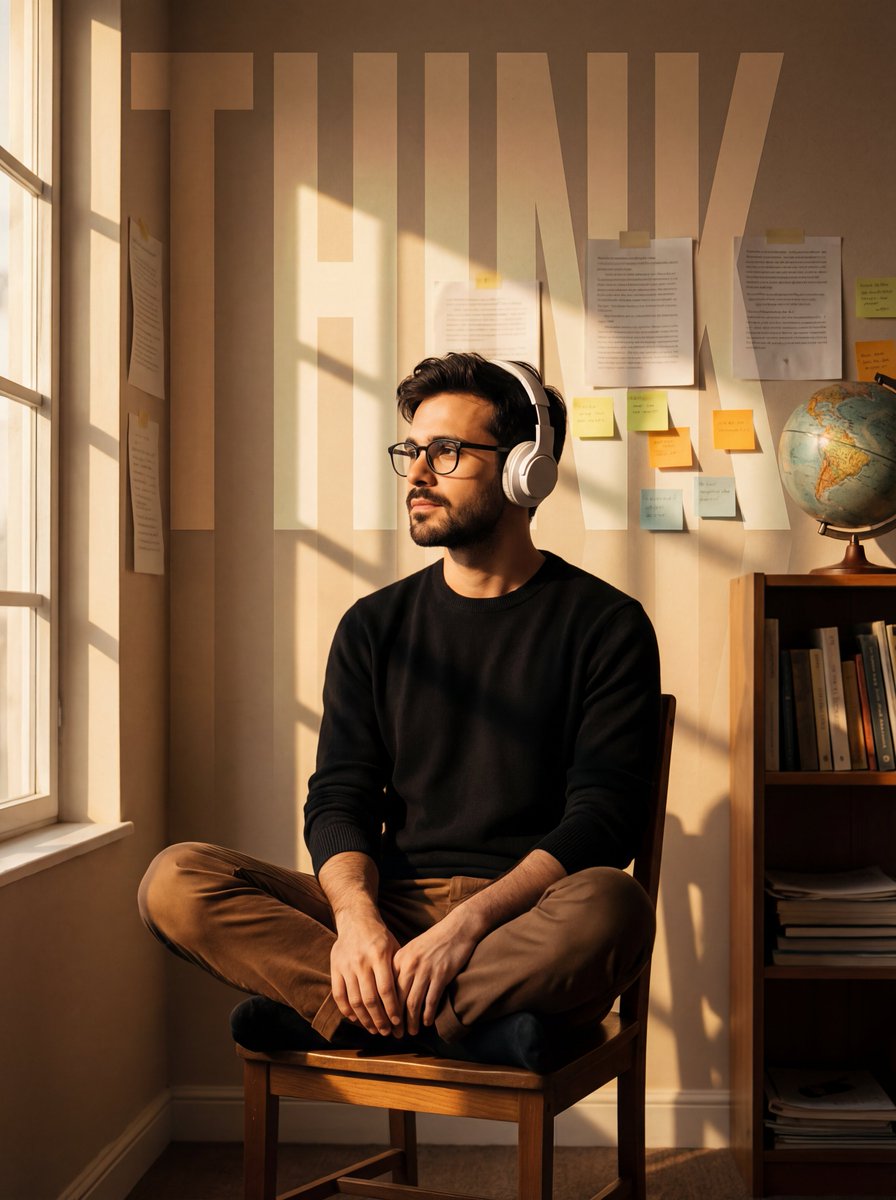 A cinematic portrait of a young man in the uploaded image sitting cross-legged o…
