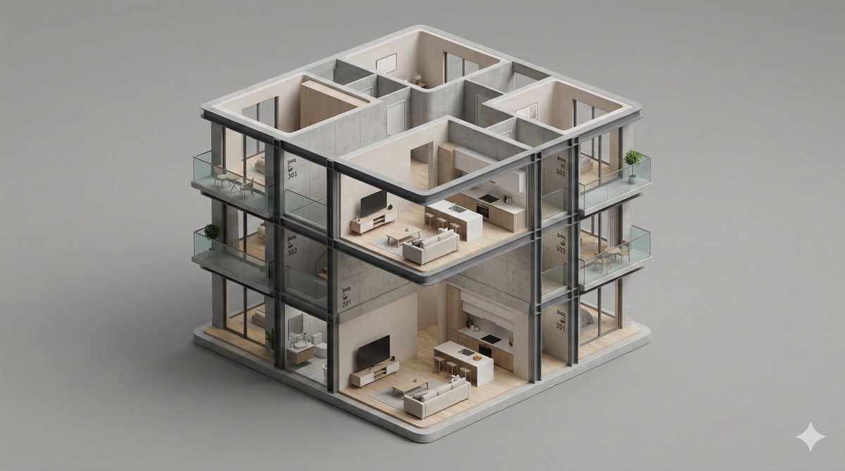 A clean, minimal 3D isometric diorama of a [BUILDING TYPE] section, featuring [I…