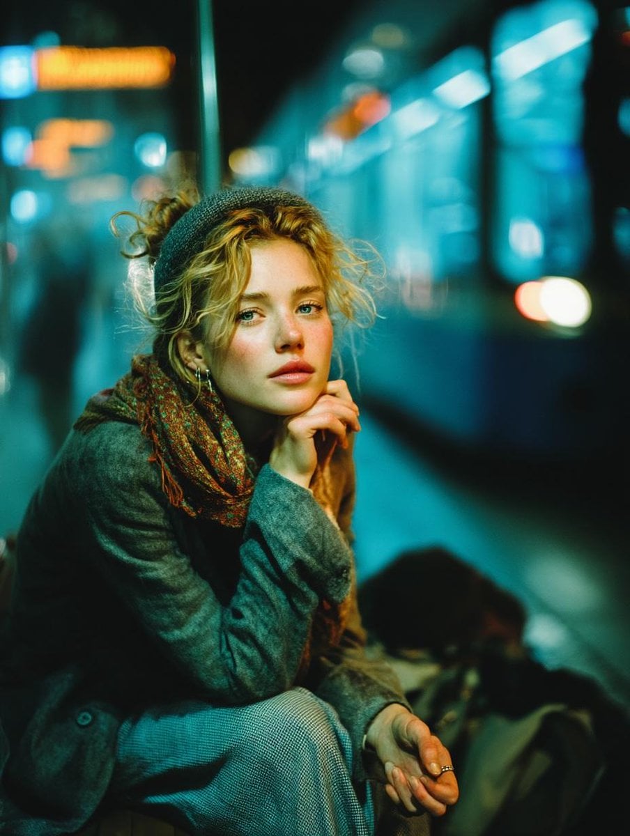 { "Objective": "Create a moody cinematic portrait capturing quiet introspection …