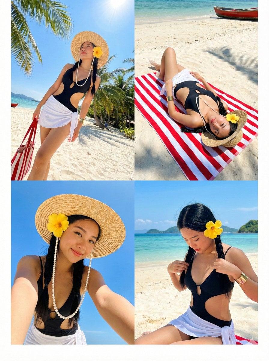 { "type": "2x2 Photo Collage (4-Panel Grid).", "theme": "Tropical Beach Vacation…