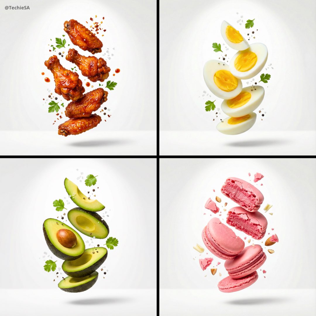 [subject], premium food advertising, white seamless background, high key studio …