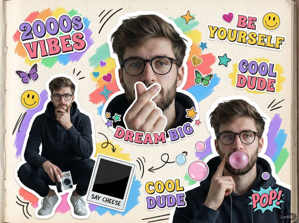 A vibrant 2000s scrapbook-style collage featuring the same young man in multiple…