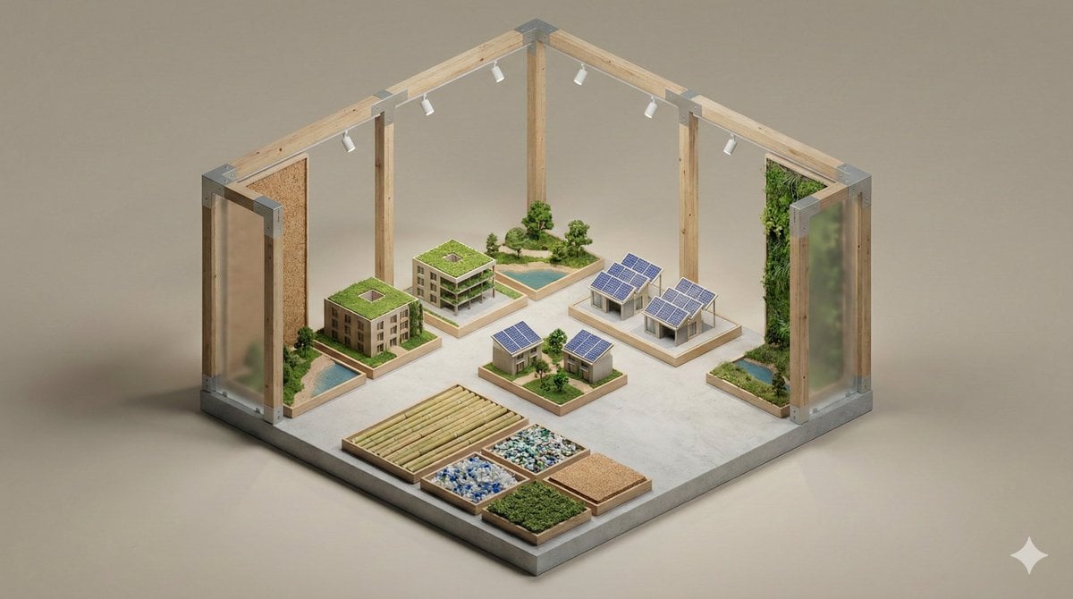 A clean, minimal 3D isometric diorama of a [EXHIBITION TYPE], featuring [DISPLAY…