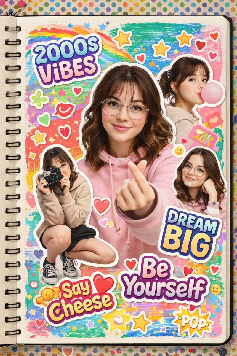 A vibrant 2000s scrapbook-style collage featuring the same young woman in multip…