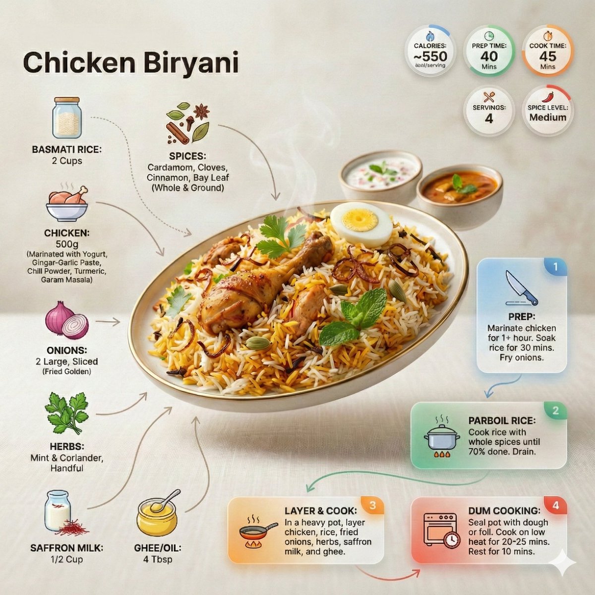 Ultra-clean modern recipe infographic. Showcase briyani in a visually appealing …