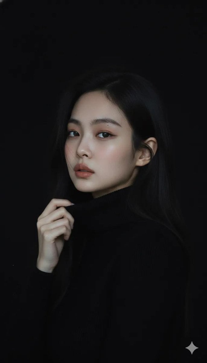 Moody cinematic portrait of a young woman with clear fair skin and barely-there …