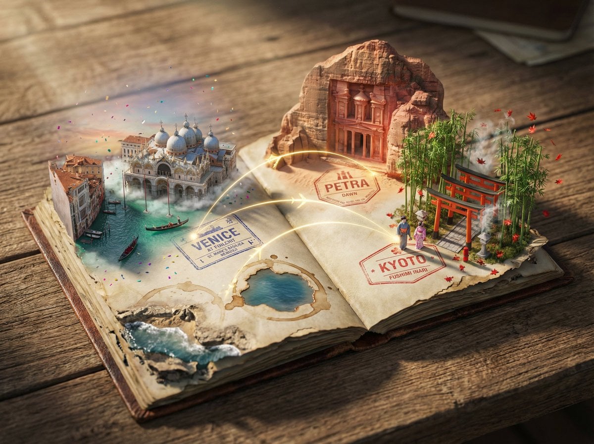 Epic 3D scene: a weathered passport lies open, its visa stamps erupting into the… (2)