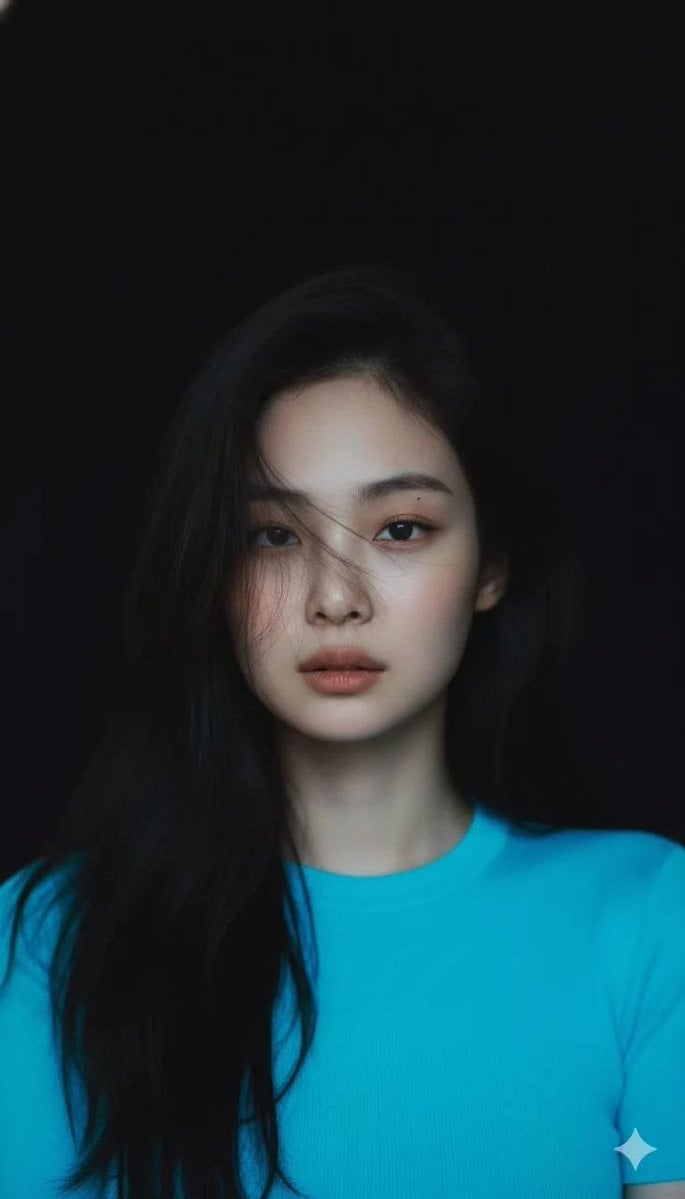 Create Moody cinematic portrait of a young woman with clear fair skin and barely…