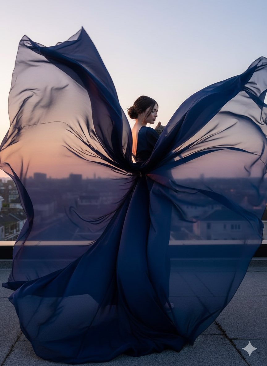 { "render_goal": "High-fashion cinematic motion shot", "focus": "fabric movement…