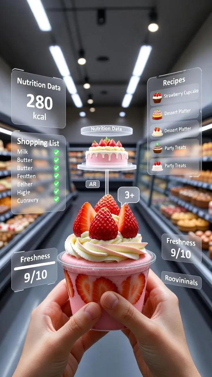 A first-person point-of-view (POV) shot inside a modern supermarket aisle. The v…