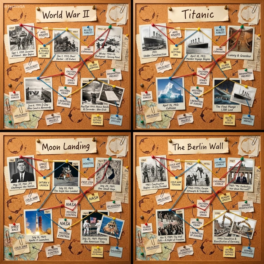 1080x1080 cork-board layout telling the story of [HISTORICAL MOMENT]. At the ver…