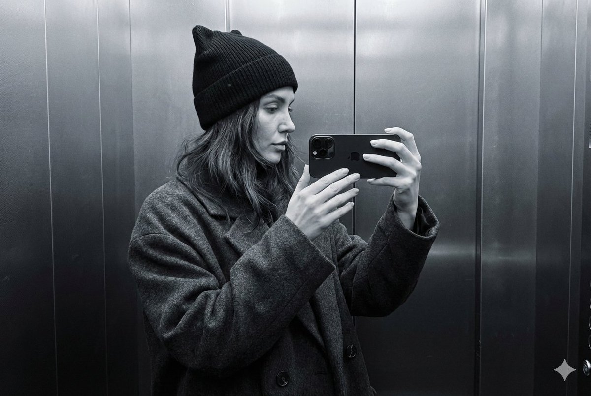 A photorealistic profile selfie, minimalist and monochrome: a woman in a dark ov…