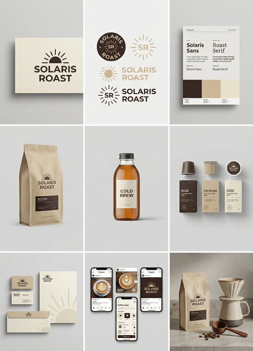 [Brand Name], complete brand identity grid, 3x3 layout, nine tiles showing a ful…