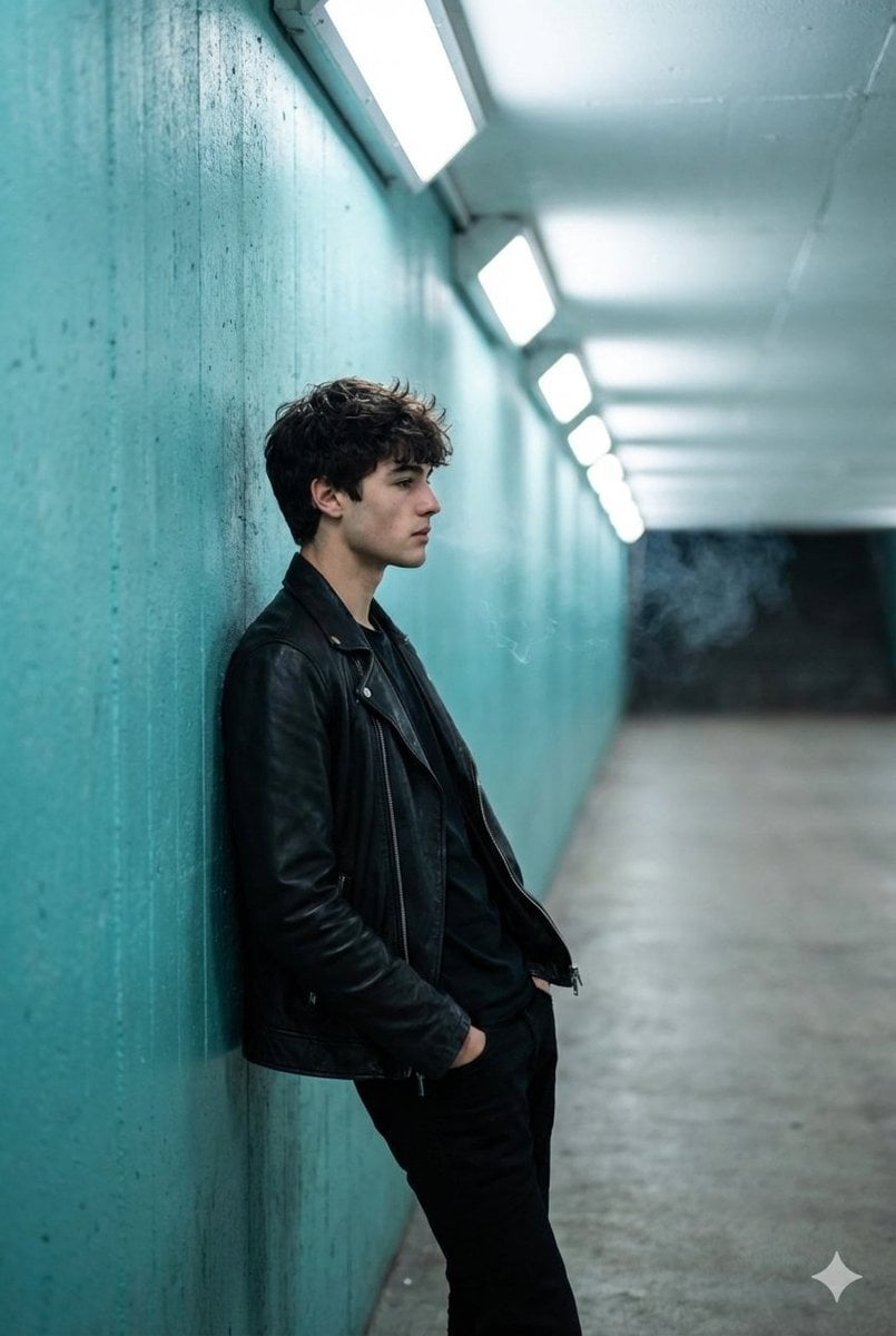A full shot captures a young man in profile, leaning against a textured turquois…
