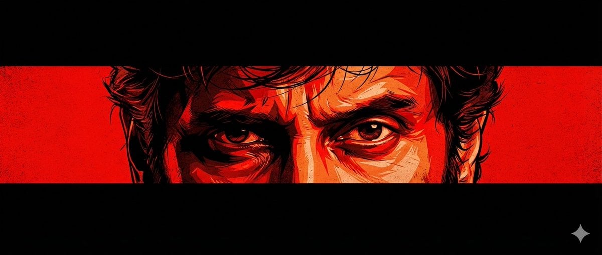 A cinematic poster-style artwork featuring an intense close-up of a man’s eyes c…
