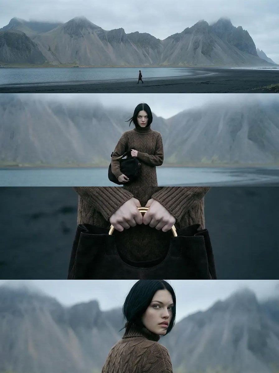 A vertical cinematic editorial image composed of four horizontal film frames sta…