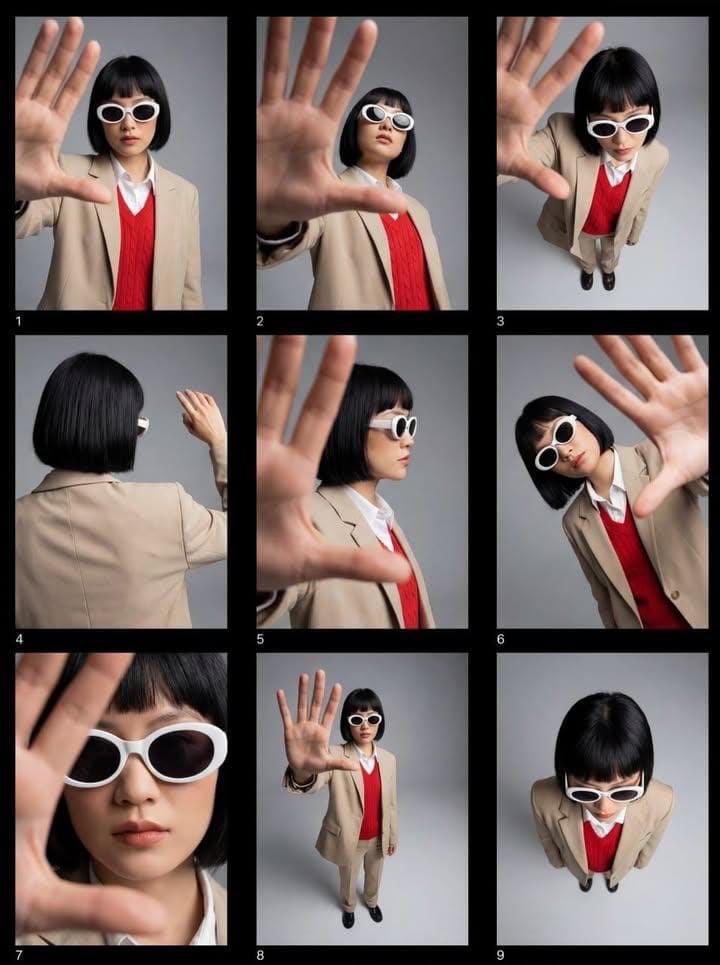 Editorial fashion contact sheet of a modern woman with a sharp black bob haircut…