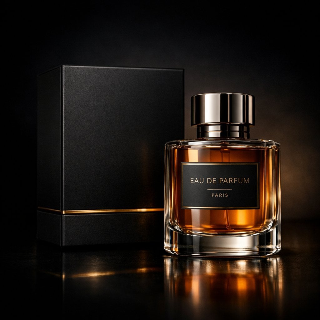Luxury perfume product photography in a dark cinematic studio. A premium black m…