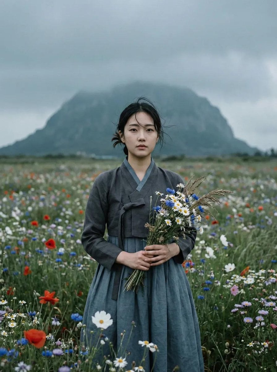 Ultra-realistic cinematic portrait of a young East Asian woman standing alone in…