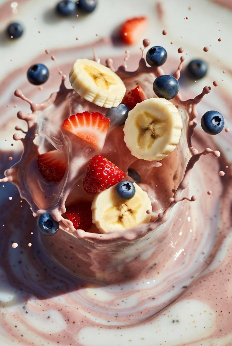 Ultra-realistic smoothie explosion, banana slices, strawberry pieces, blueberry …