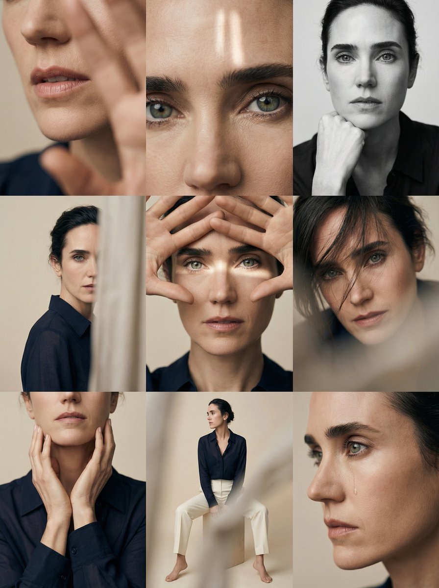 Editorial 3x3 photo grid in a clean soft beige studio. Character (matches refere…