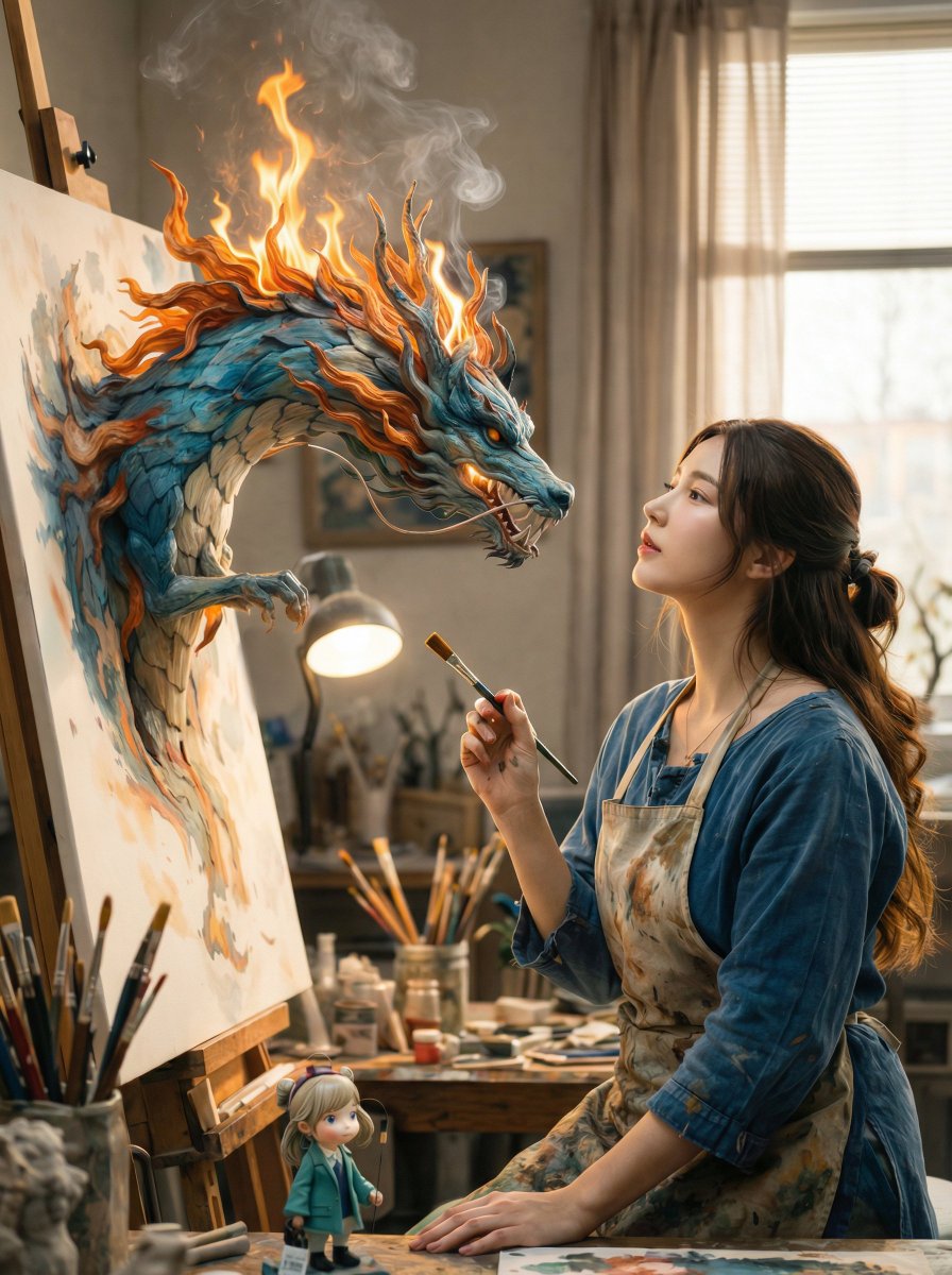 A cinematic fantasy scene inside a cozy artist’s studio. A young female painter …
